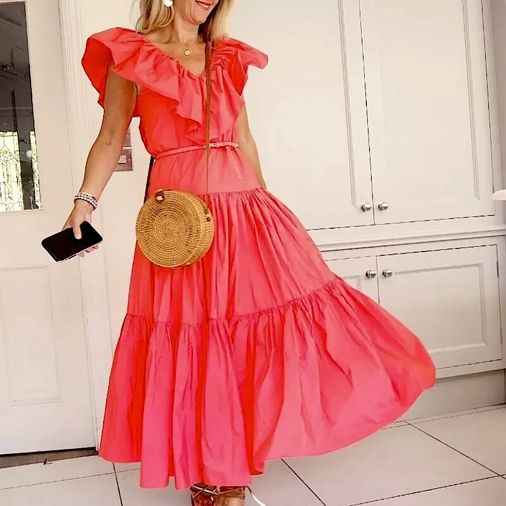 Ruffled Tiered Coral Pink Taffeta H&M DRESS -NWT princess flowy - Picture 3 of 14